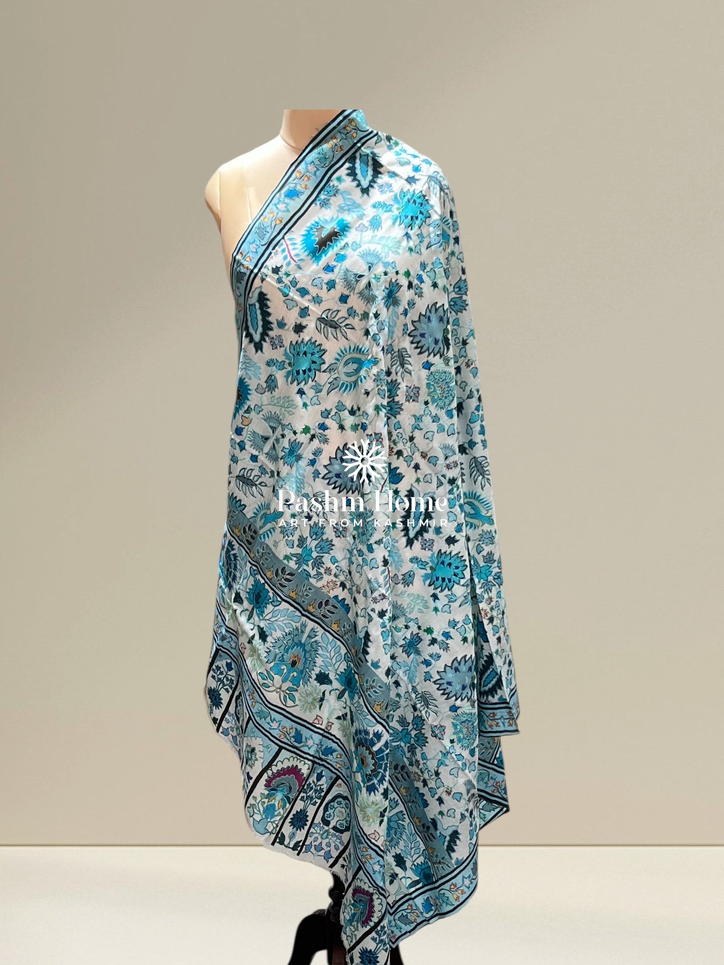 Tiffany Blue Floral Fine Wool Kalamkari Shawl
