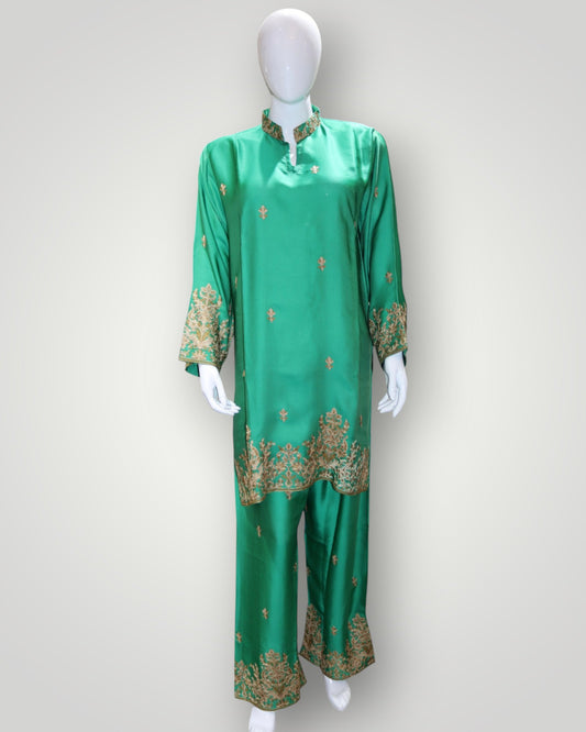 Emerald Green Pure Satin Silk Designer Cord Set