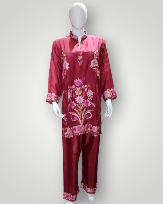Maroon Pure Satin Silk Designer Cord Set