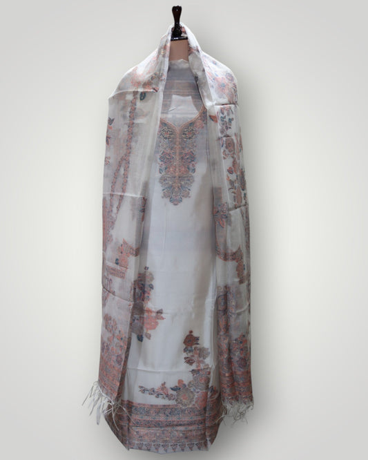 Off White Pure Silk Kani Handwoven Designer Suit