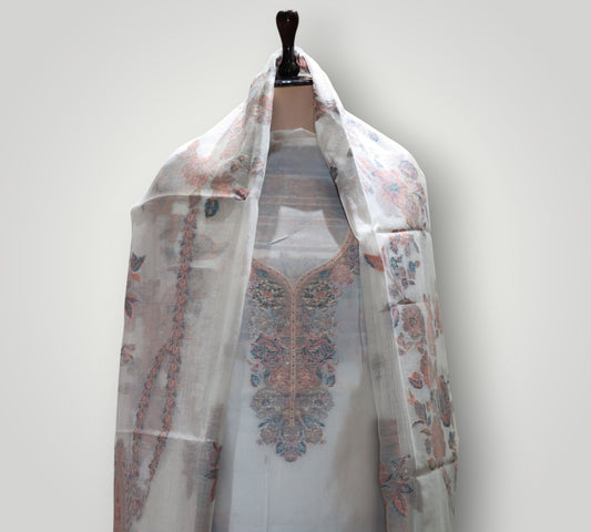 Off White Pure Silk Kani Handwoven Designer Suit