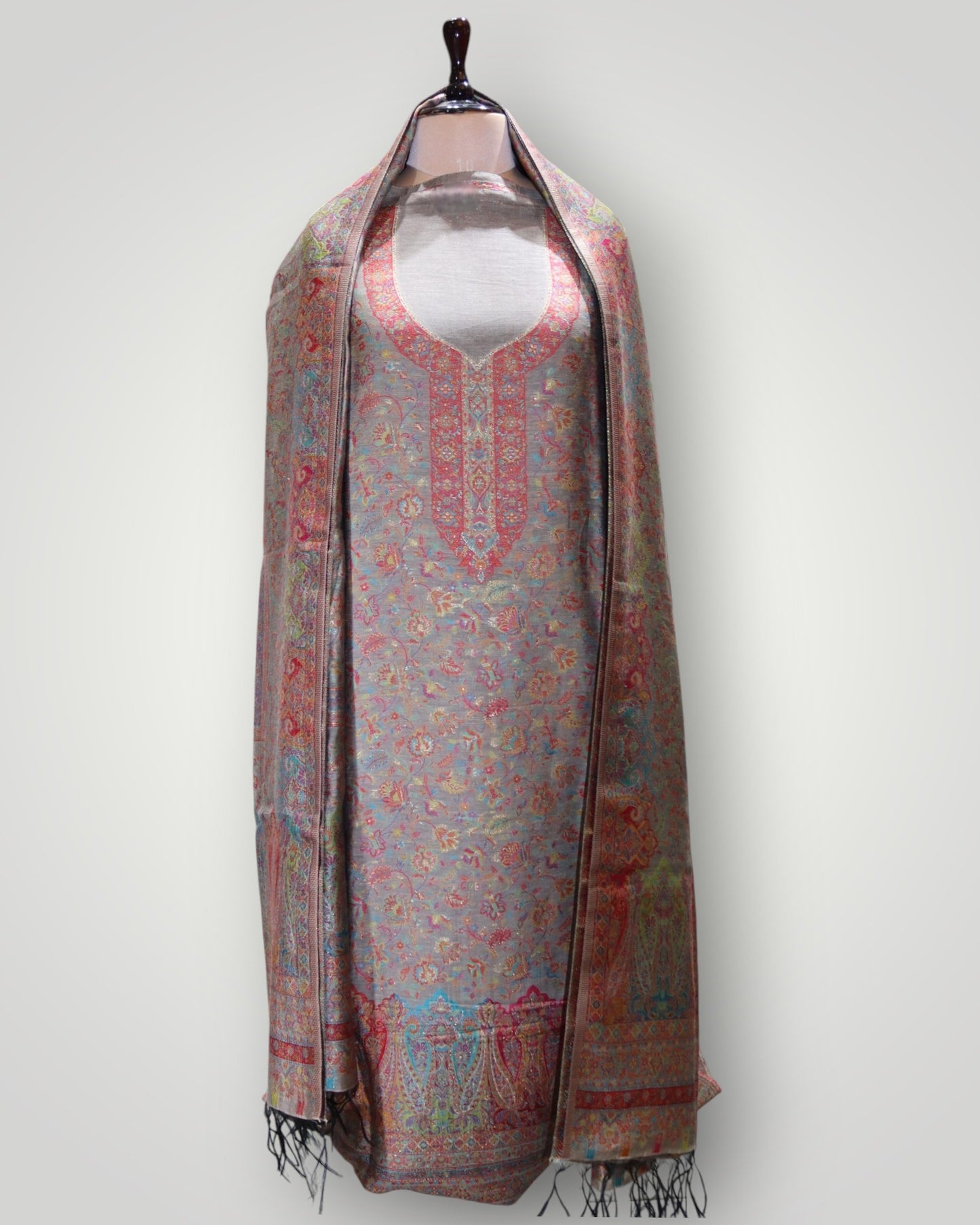 Grey Pure Silk Kani Handwoven Designer Suit
