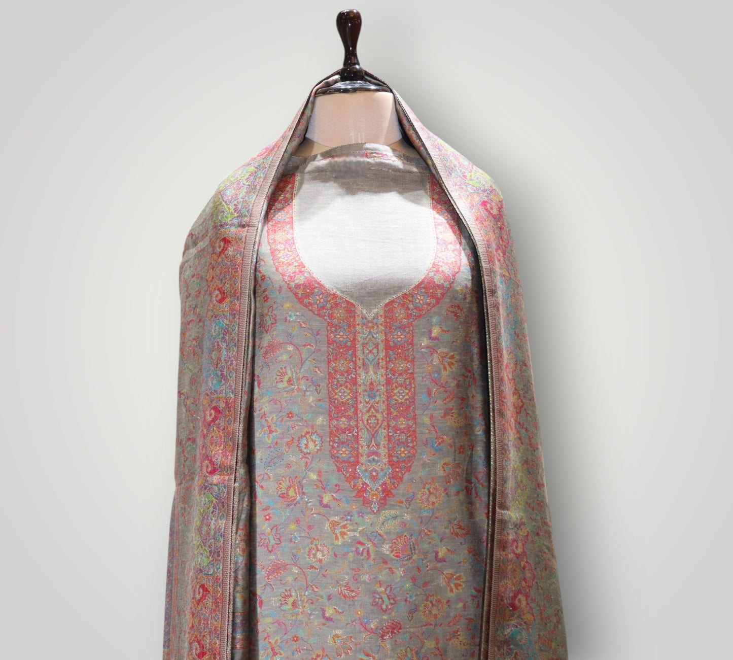 Grey Pure Silk Kani Handwoven Designer Suit