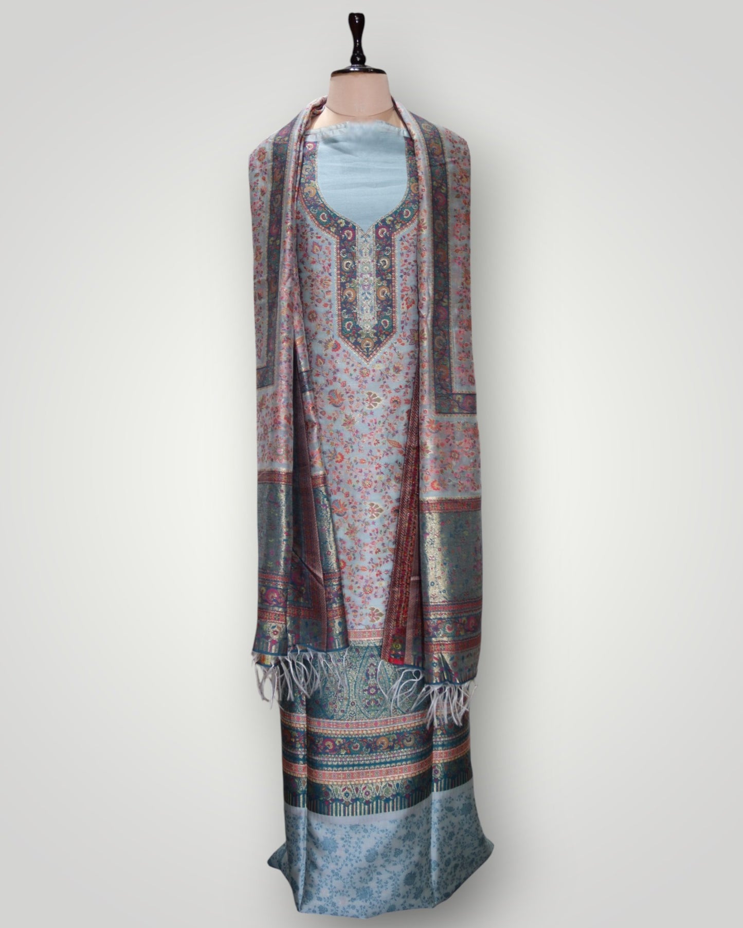 Light Blue Pure Silk All Over Kani Handwoven  Designer Suit