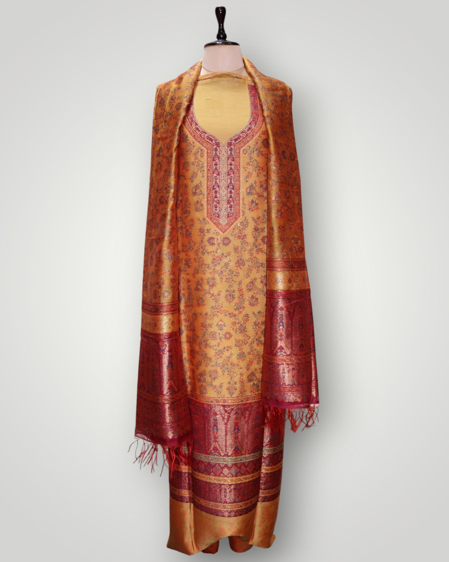 Orange Pure Silk Kani Handwoven Designer Suit
