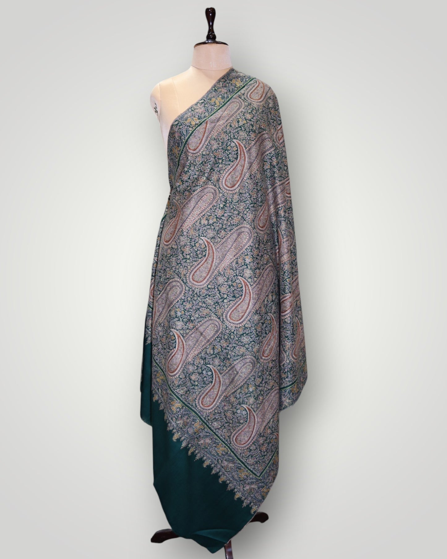 Pure Pashmina Bottle Green Sangeen Jama Shawl
