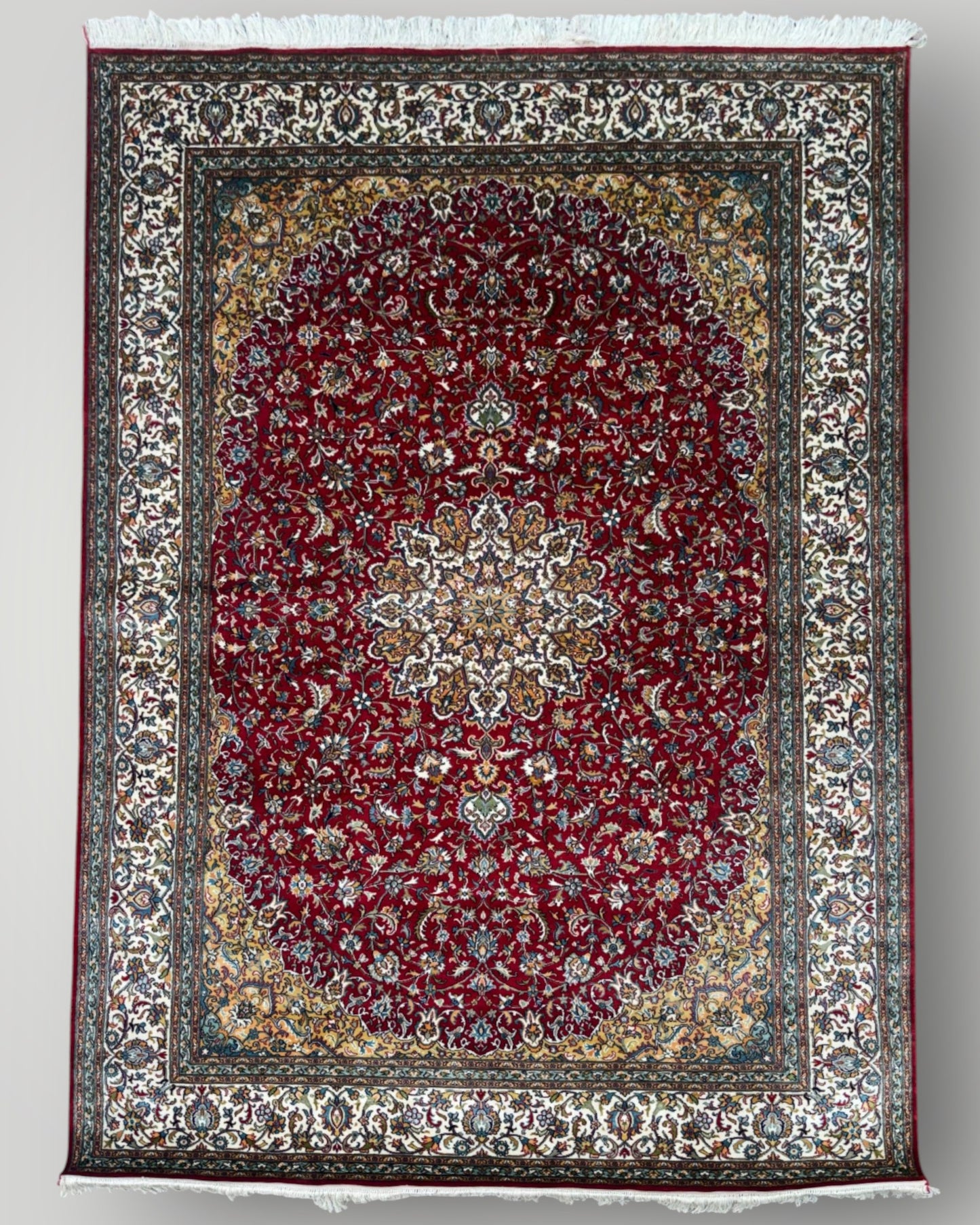 5 FT × 7 FT Red Kashaan Silk On Silk Hand Knotted Carpet