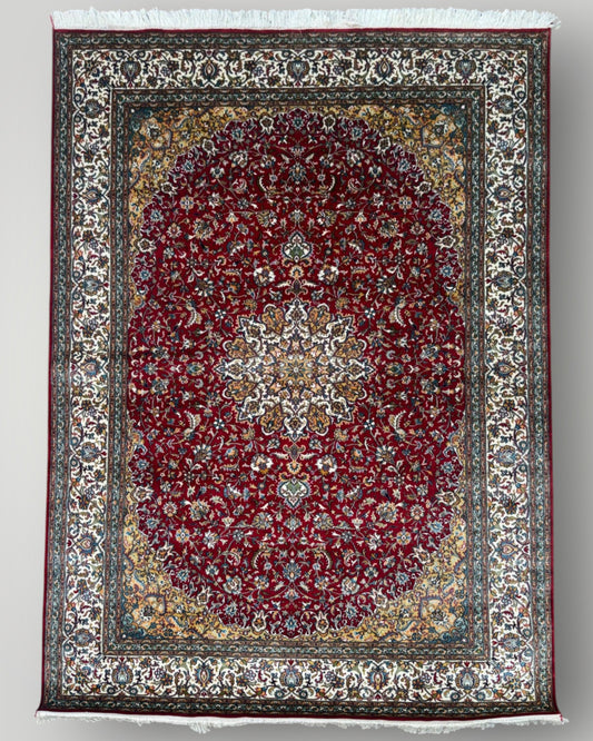 5 FT × 7 FT Red Kashaan Silk On Silk Hand Knotted Carpet