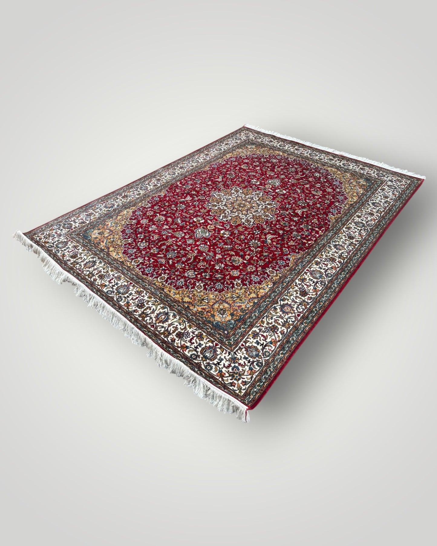 5 FT × 7 FT Red Kashaan Silk On Silk Hand Knotted Carpet