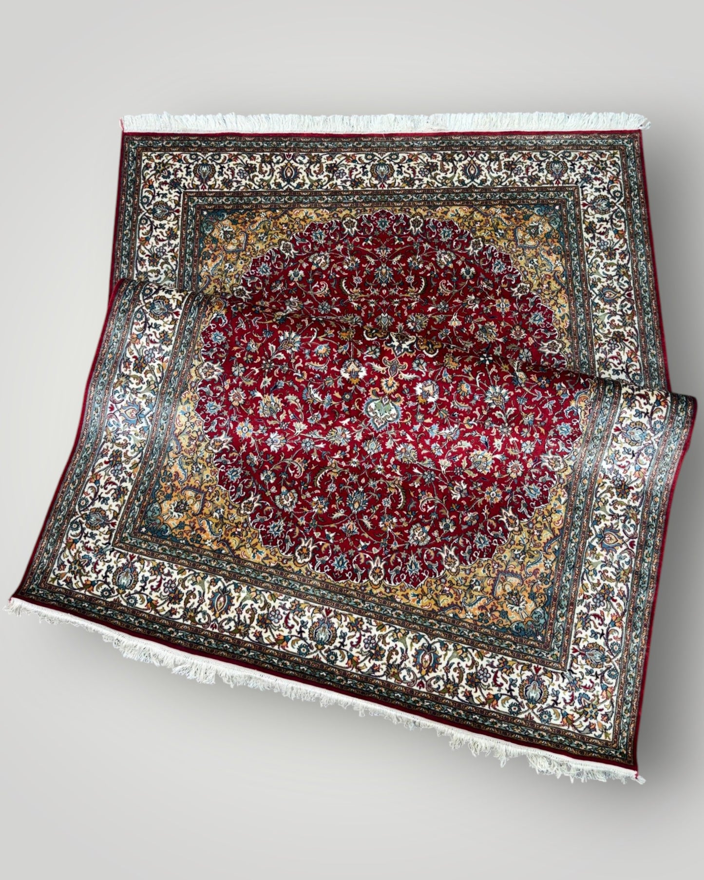 5 FT × 7 FT Red Kashaan Silk On Silk Hand Knotted Carpet