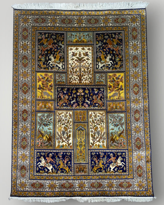 5 FT × 7 FT Shikargah  Silk On Silk Hand Knotted Carpet