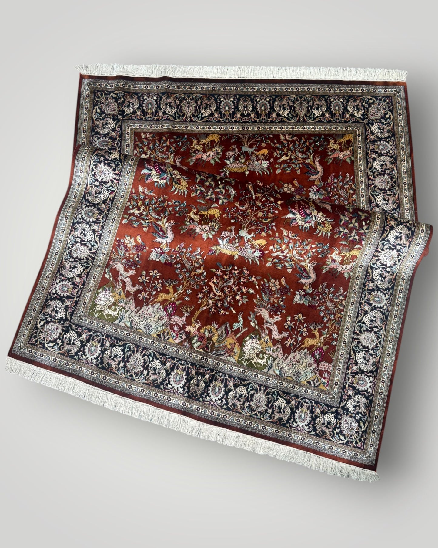 5 FT × 7 FT Shikargah Silk On Silk Hand Knotted Carpet