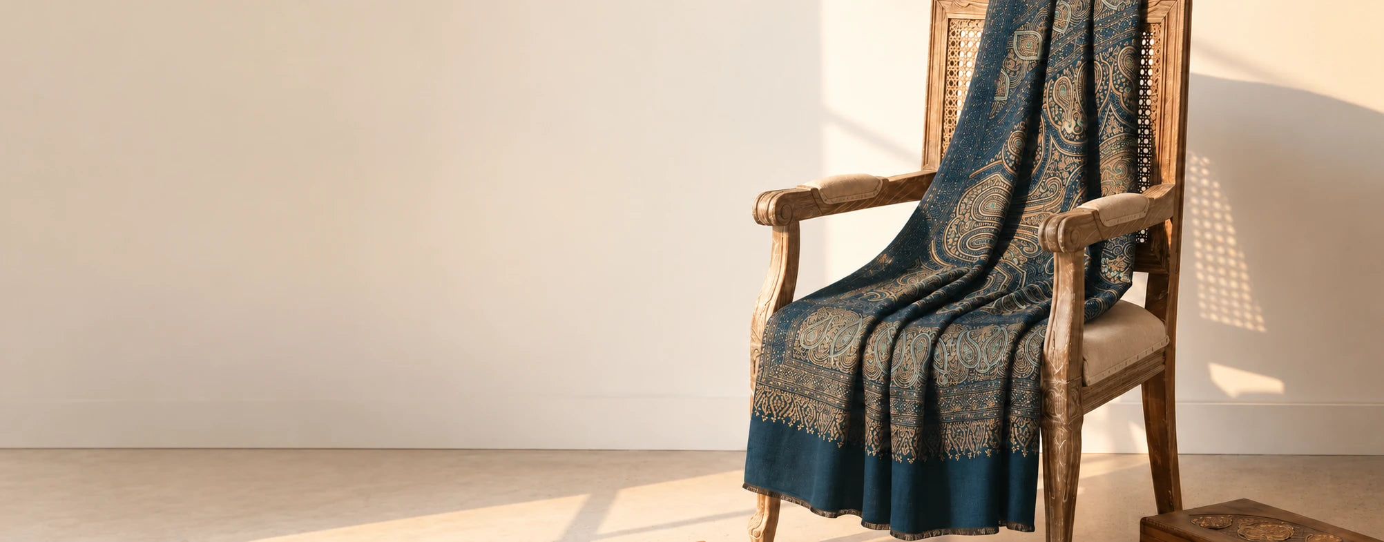 Teal embroidered pashmina on an armchair